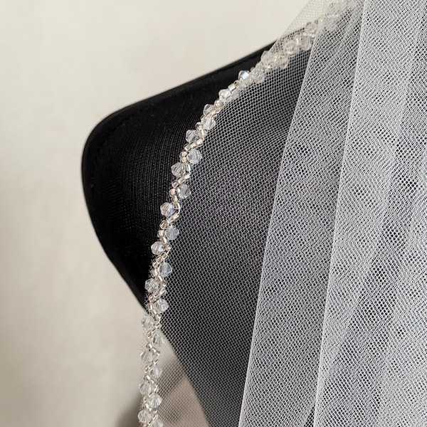 Handmade Beaded Bridal Veil, Ivory Wedding Veil with Pearl and Crystal Edge, One Tier Cathedral Veil, Elegant Beads Trim Veil