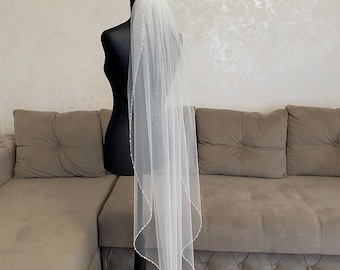 Ivory Wedding Veil with Pearls and Crystal Edge, Handmade Beaded Bridal Veil, One Tier Cathedral Veil, Embroidered Veil, Elegant Beads Trim