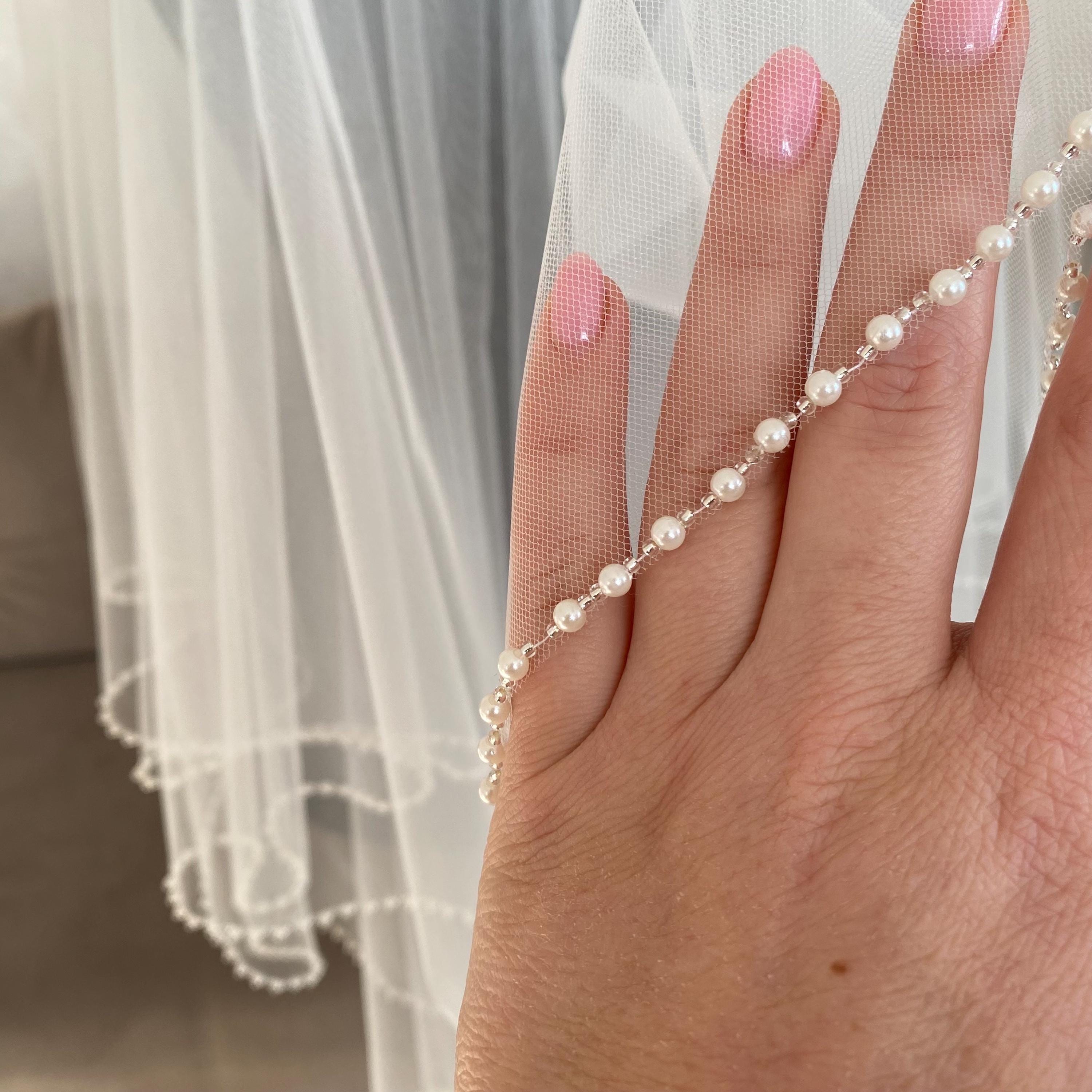 Pearl Edge Wedding Veil, Handmade Ivory /  White Bridal Veil, One-Tier Elbow, Hip, Fingertip Floor, Chapel, Churt, Cathedral Veil