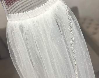 One tier crystal veil Glitter fingertip veil Sparkly cathedral veil Veil with crystals Angel cut veil Beaded shimmer veil