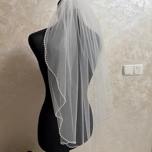 Pearl Edge Wedding Veil, Handmade Ivory / White Bridal Veil, One-Tier Elbow, Hip, Fingertip Floor, Chapel, Churt, Cathedral Veil image 15