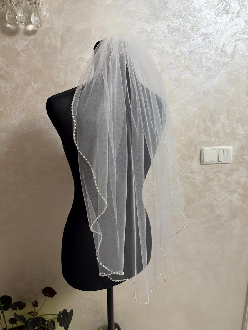 Pearl Edge Wedding Veil, Handmade Ivory / White Bridal Veil, One-Tier Elbow, Hip, Fingertip Floor, Chapel, Churt, Cathedral Veil image 15
