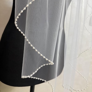 Pearl Edge Wedding Veil, Handmade Ivory / White Bridal Veil, One-Tier Elbow, Hip, Fingertip Floor, Chapel, Churt, Cathedral Veil image 16