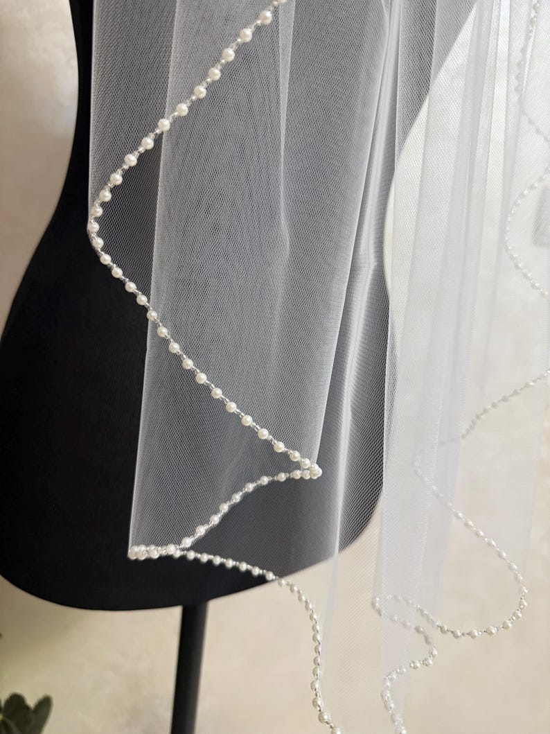 Pearl Edge Wedding Veil, Handmade Ivory / White Bridal Veil, One-Tier Elbow, Hip, Fingertip Floor, Chapel, Churt, Cathedral Veil image 16