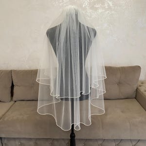 Two-Tier Wedding Veil with Pearl Trim and Blusher, Round Soft Tulle Veil, Custom Waterfall Pearl Edge Bridal Veil, Elegant 2 Layers veil