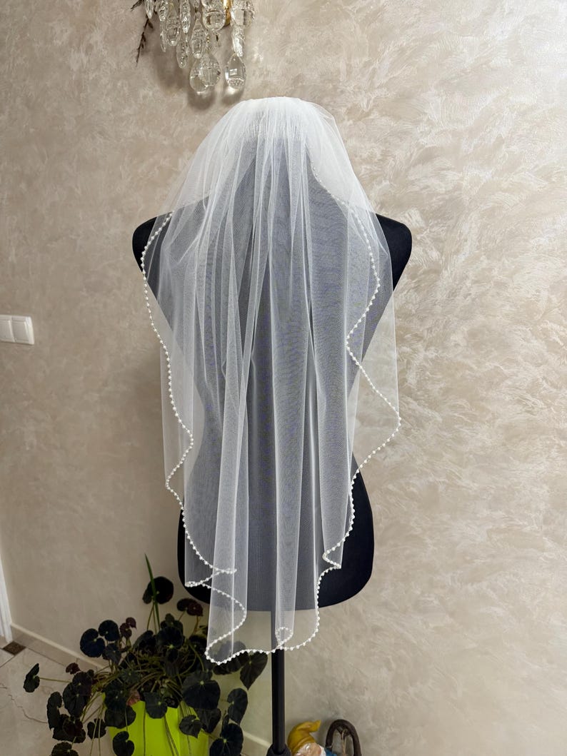 Pearl Edge Wedding Veil, Handmade Ivory / White Bridal Veil, One-Tier Elbow, Hip, Fingertip Floor, Chapel, Churt, Cathedral Veil image 13