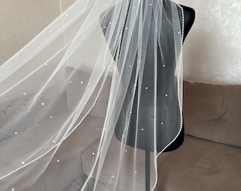 Pearl Drop Wedding Veil - Elegant Tulle Veil with Scattered Pearls for Brides, Beaded and pearls edge veil, Short or Long bridal veil
