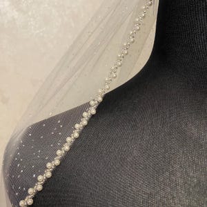 Sparkling Cathedral Wedding Veil with Pearls, Glitter Tulle Bridal Veil, Shimmering Veil with Beaded Trim, Ivory Fingertip Veil