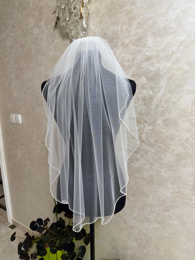 Pearl Edge Wedding Veil, Handmade Ivory / White Bridal Veil, One-Tier Elbow, Hip, Fingertip Floor, Chapel, Churt, Cathedral Veil image 14