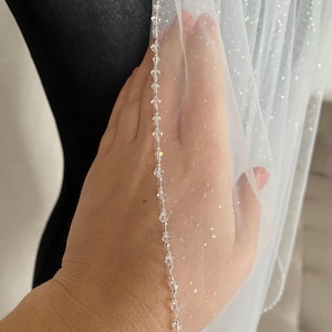 Glitter Crystal Wedding Veil, Sparkling Tulle Veil with Angel Cut, Long Shimmering Cathedral Veil, Beaded Ivory Veil