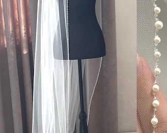 Edged pearls Long Veil, 118&quot;wide wedding veil, Elegant Cathedral Veil, Beaded Bridal Veil, Veil with Pearls Trim, Bridal Veil with Pearls