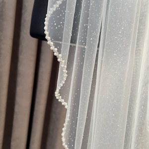 Glitter Pearls Wedding Veil, Sparkle Tulle Bridal Veil with Beaded Edge, Long Short Shimmering Veil, Cathedral veil, Fingertip ivory veil