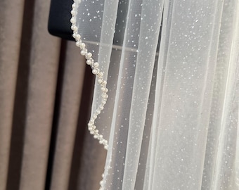 Glitter Pearls Wedding Veil, Sparkle Tulle Bridal Veil with Beaded Edge, Long Short Shimmering Veil, Cathedral veil, Fingertip ivory veil