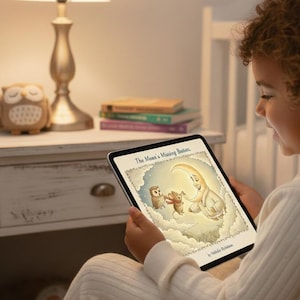 以下が含まれることがあります： 子供がタブレットで「The Moon's Missing Buttons」というタイトルの子供向けの本のイラストを読んでいます。この画像には、三日月、2匹の動物のキャラクター、雲の背景が描かれています。背景には、ランプとフクロウ型の常夜灯が付いたベッドサイドテーブルがあります。