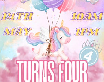 Einhorn Geburtstagseinladung Pastell Regenbogen Party einladen Einladung Download druckbare Canva Vorlage Mädchen-Einladung