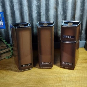 Vintage Lincoln Beautyware Metal Kitchen Canisters Set of 4, brown, Flour Sugar Coffee Tea, Mid Century Modern