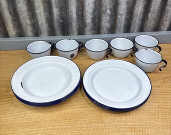 Vtg Lot of 19 Ker Sweden Enamelware Tea Cups Plates Soup Bowls White w Blue Rims