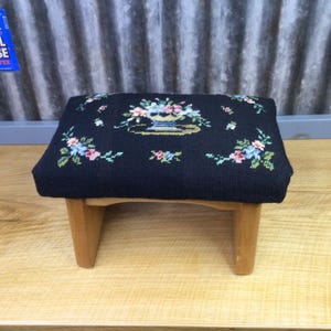 Vintage Floral Black Needlepoint Wooden Foot Stool Rest Tapestry 8" Tall Granny Chic
