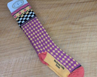 MacKenzie Childs Children's Calf Socks Size 6-7 Pinky Purple & Yellow Checks