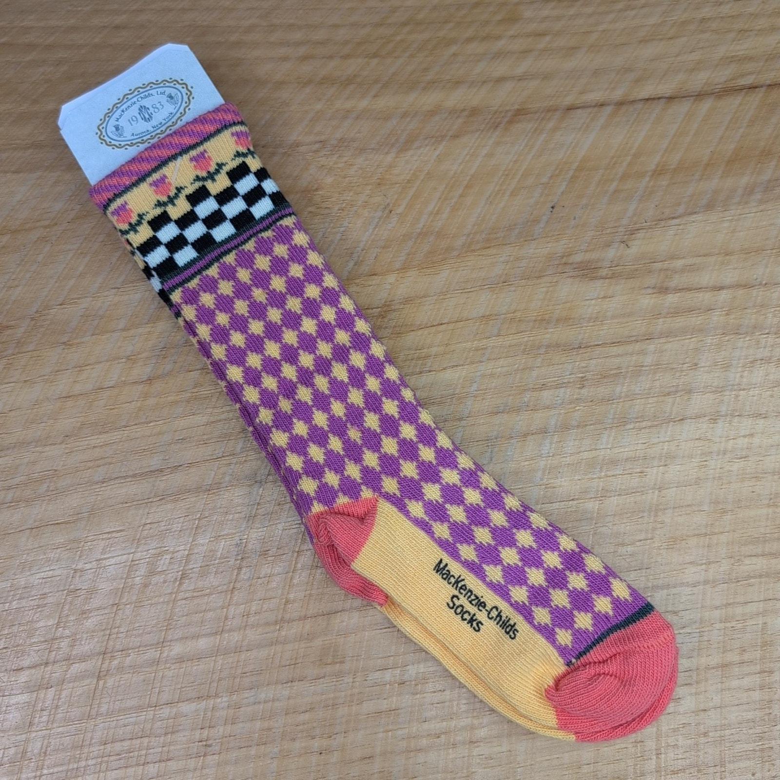 MacKenzie Childs Children's Calf Socks Size 6-7 Pinky Purple & Yellow Checks
