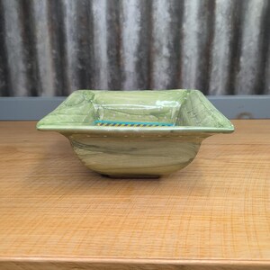 Vintage MacKenzie Childs Hopscotch Green Ceramic Square Bowl Floral & Dots 7.75" image 3