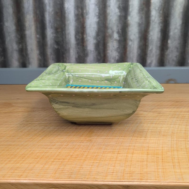 Vintage MacKenzie Childs Hopscotch Green Ceramic Square Bowl Floral & Dots 7.75" image 3