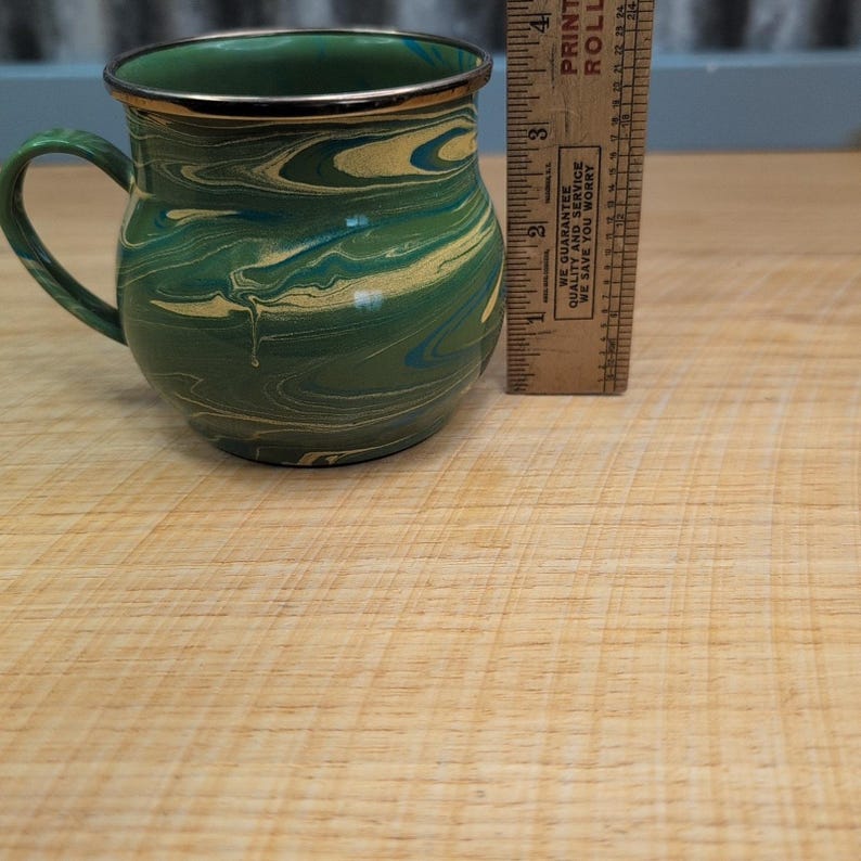 Vtg MacKenzie Childs Camp Green Marble Swirl Enamel Handled Mug 16 oz Retired immagine 12