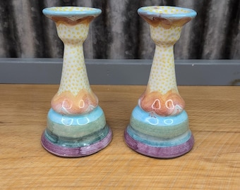 2 Vintage MacKenzie-Childs Brittany Ceramic Candle Stick Holder Bud Vases Pair 7"