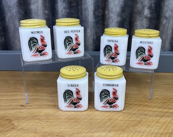 Juego de 6 tarros de especias vintage Tipp City Rooster de vidrio, fabricados en EE. UU., tapa amarilla de 7 cm
