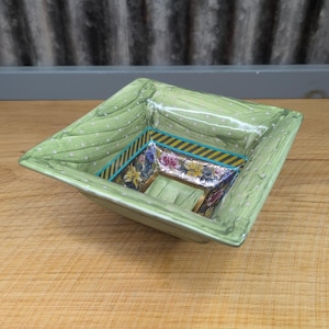 Vintage MacKenzie Childs Hopscotch Green Ceramic Square Bowl Floral & Dots 7.75" image 1