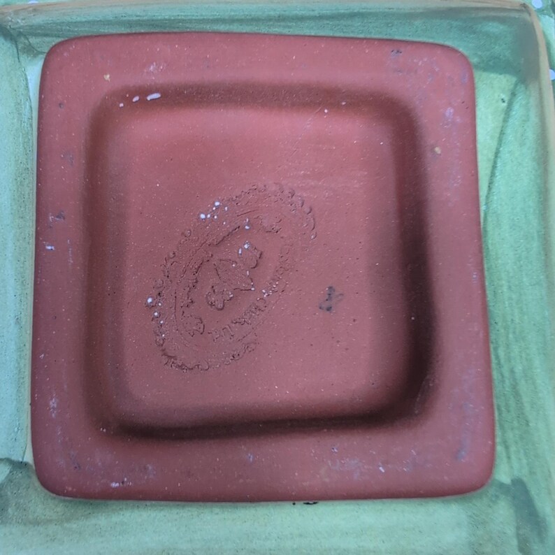 Vintage MacKenzie Childs Hopscotch Green Ceramic Square Bowl Floral & Dots 7.75" image 9