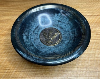 Israel Bronze Brass Round Dish Bowl Wheat “Gila” Blue Green Verdigris 7"