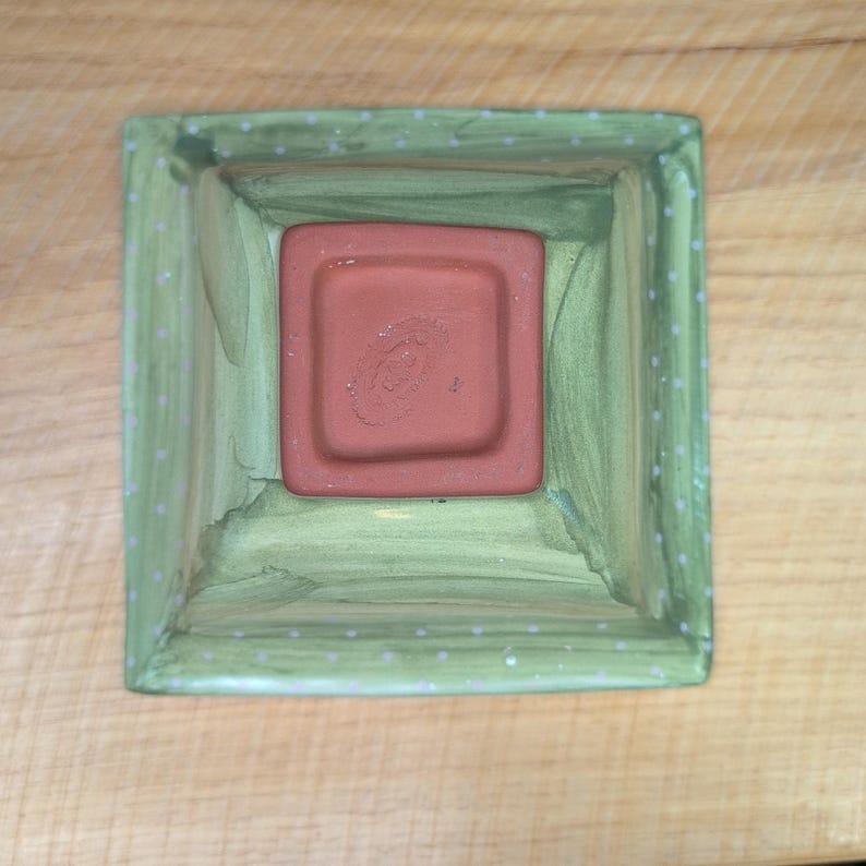 Vintage MacKenzie Childs Hopscotch Green Ceramic Square Bowl Floral & Dots 7.75" image 8