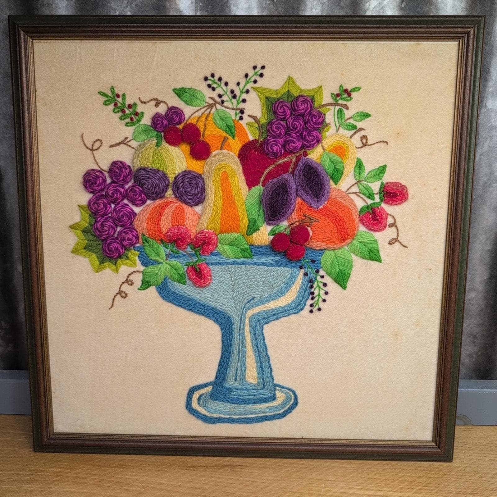 Vintage Completed Crewel Embroidery Vibrant Assorted Fruit Blue Compote Pedestal Bowl 3D Framed 18.5"