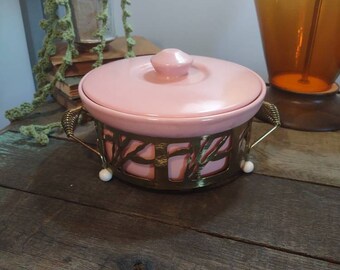 MCM Pink Covered Casserole Dish with Metal Stand, Vintage