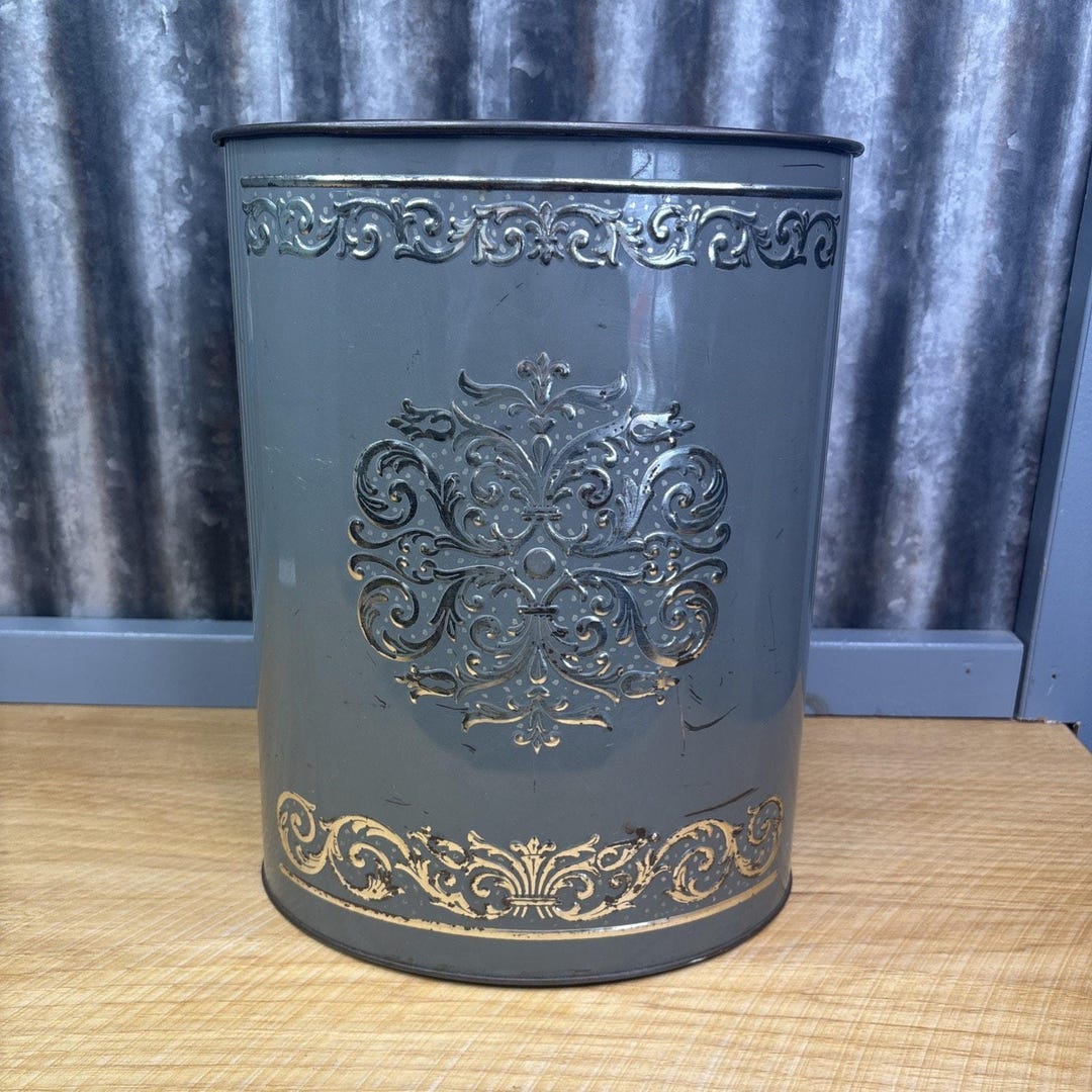Vintage Metal Tin Oval Garbage Trash Rubbage Wastebasket Can MCM Gray ...