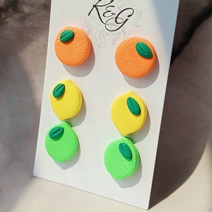 Citrus Stud Pack, Polymer Clay, Lightweight, Handmade, Lemon Earrings, Lime Earrings, Orange Earrings, Fruit Earrings, Fruit Studs