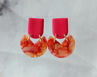 Fall Earrings, Polymer Clay, Lightweight, Handmade, Red, Orange, Yellow, Marbled Earrings, Faux Stone Earrings, Gold