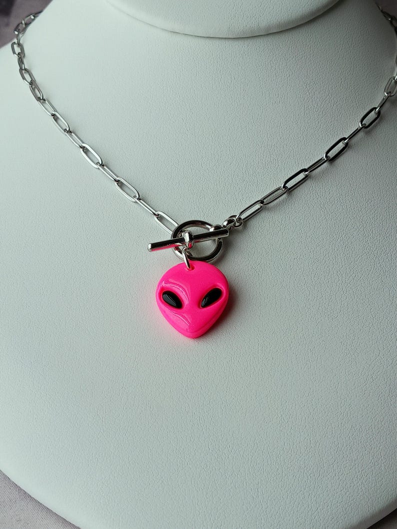 Neon Pink Alien Charm Necklace, Lightweight, Handmade, Alien, Charm ...