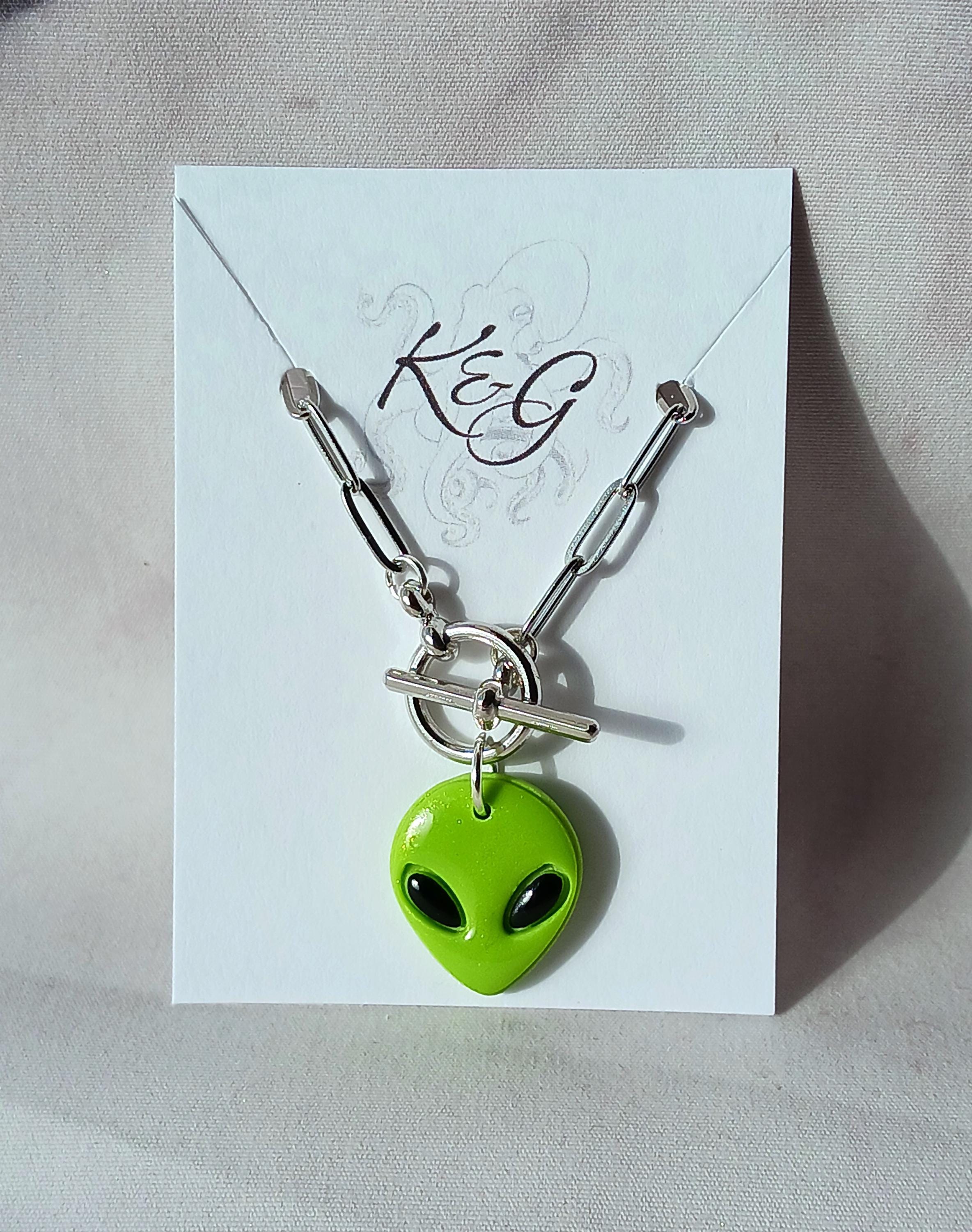 Metallic Green Alien Charm Necklace, Handmade, Polymer Clay ...