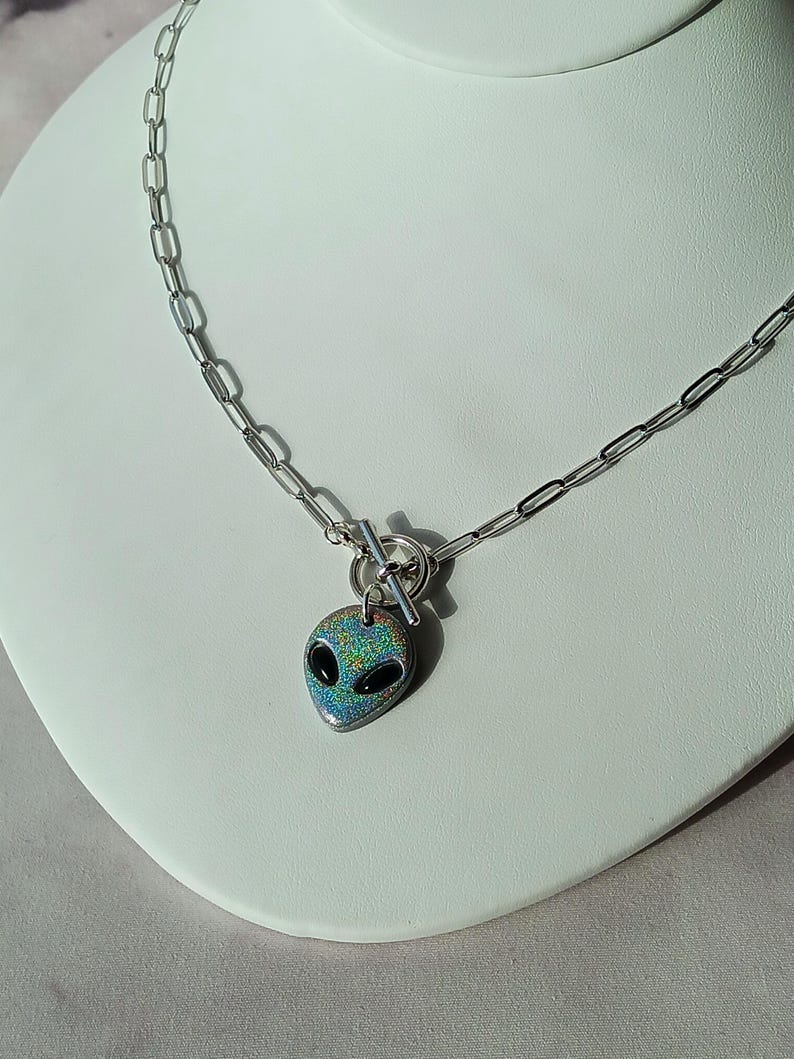 Silver Holographic Alien Charm Necklace, Handmade, Polymer Clay ...