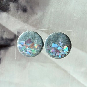 Chunky Holographic Glitter Stud Earrings, Polymer Clay, Lightweight, Handmade, Holographic, Glitter, Metallic Silver, Chunky Glitter