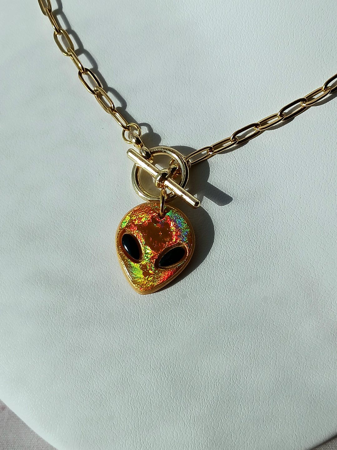 Gold Holographic Alien Charm Necklace, Lightweight, Handmade, Polymer ...