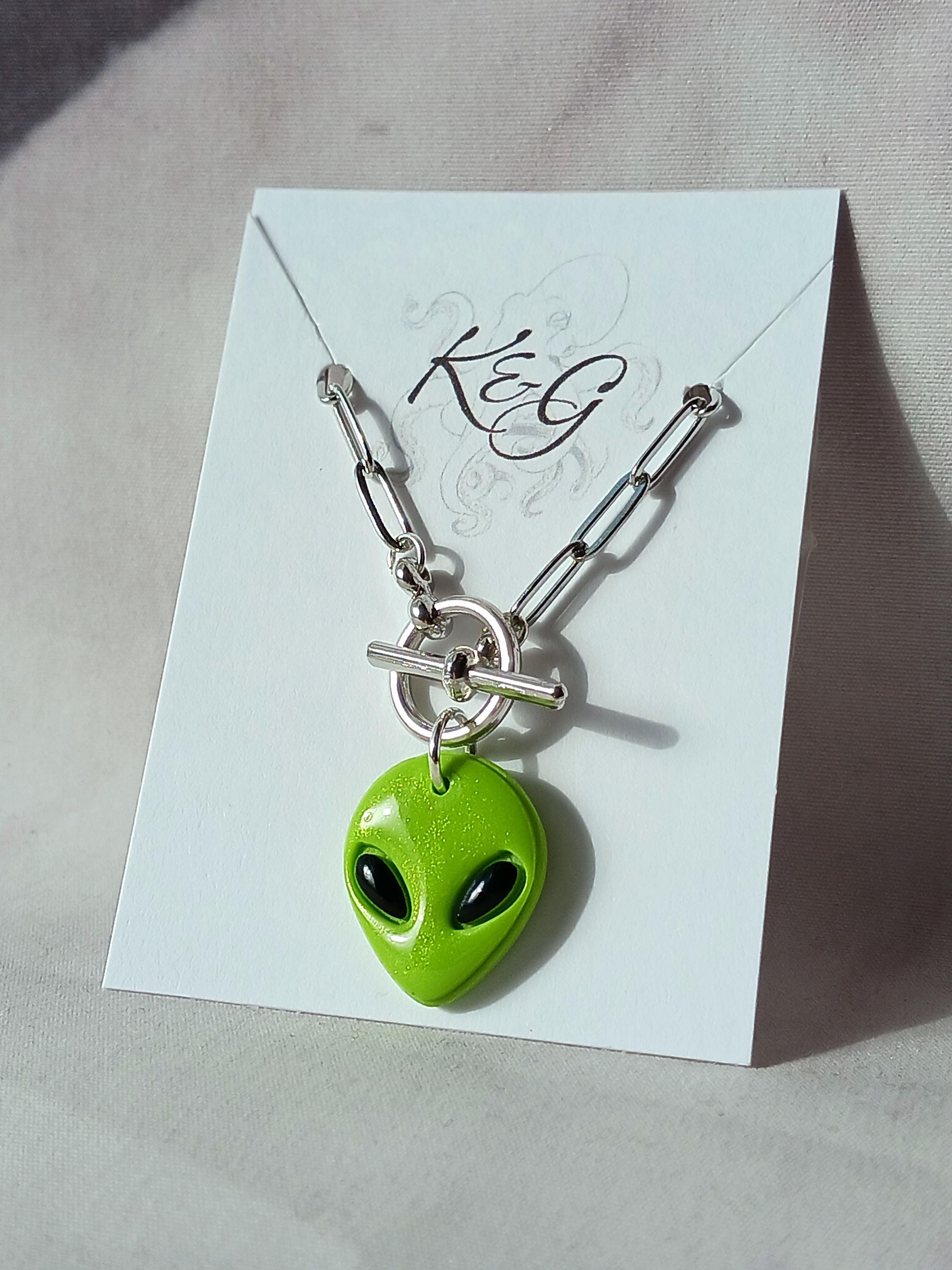 Metallic Green Alien Charm Necklace, Handmade, Polymer Clay ...
