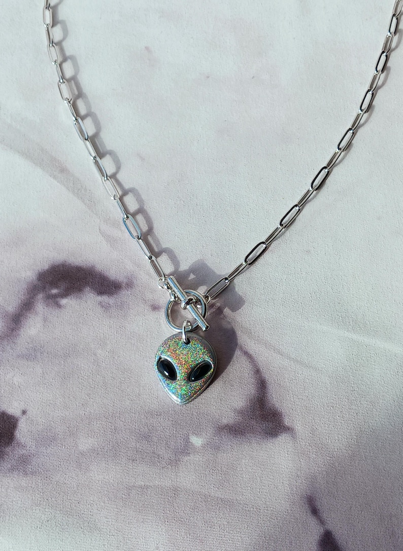 Silver Holographic Alien Charm Necklace, Handmade, Polymer Clay ...
