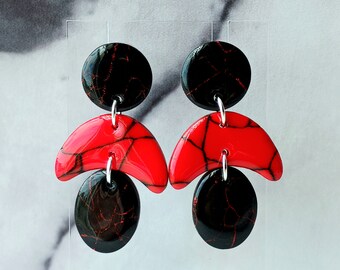 Red And Black Faux Stone Earrings, Polymer Clay, Lightweight, Handmade, Faux Red Turquoise, Red Turquoise, Black Marble, Red Marble, Marble