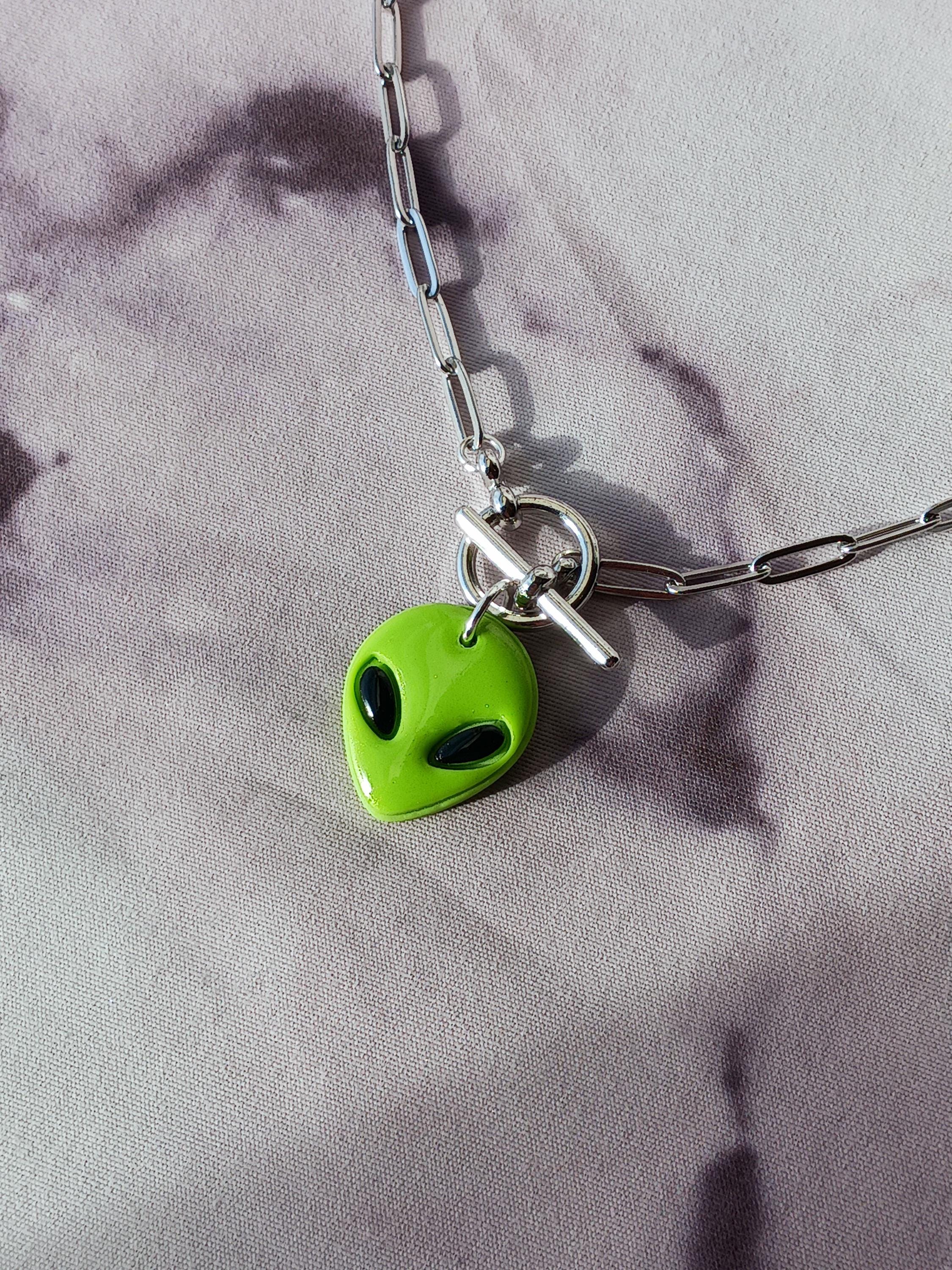 Metallic Green Alien Charm Necklace, Handmade, Polymer Clay ...