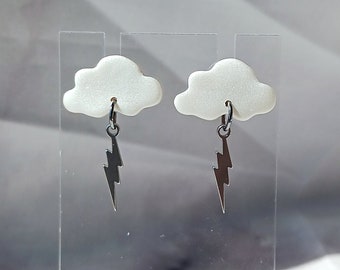 Storm Cloud Stud Earrings, Polymer Clay, Lightweight, Handmade, Storm Cloud, Lightning Earrings, Cloud Earrings, Cloud Studs