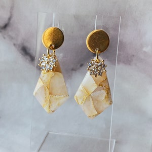 Gold Bridal Earrings, Polymer Clay, Lightweight, Handmade, Faux Gemstone, Wedding Inspired, Bridal, White And Gold, Translucent Earrings