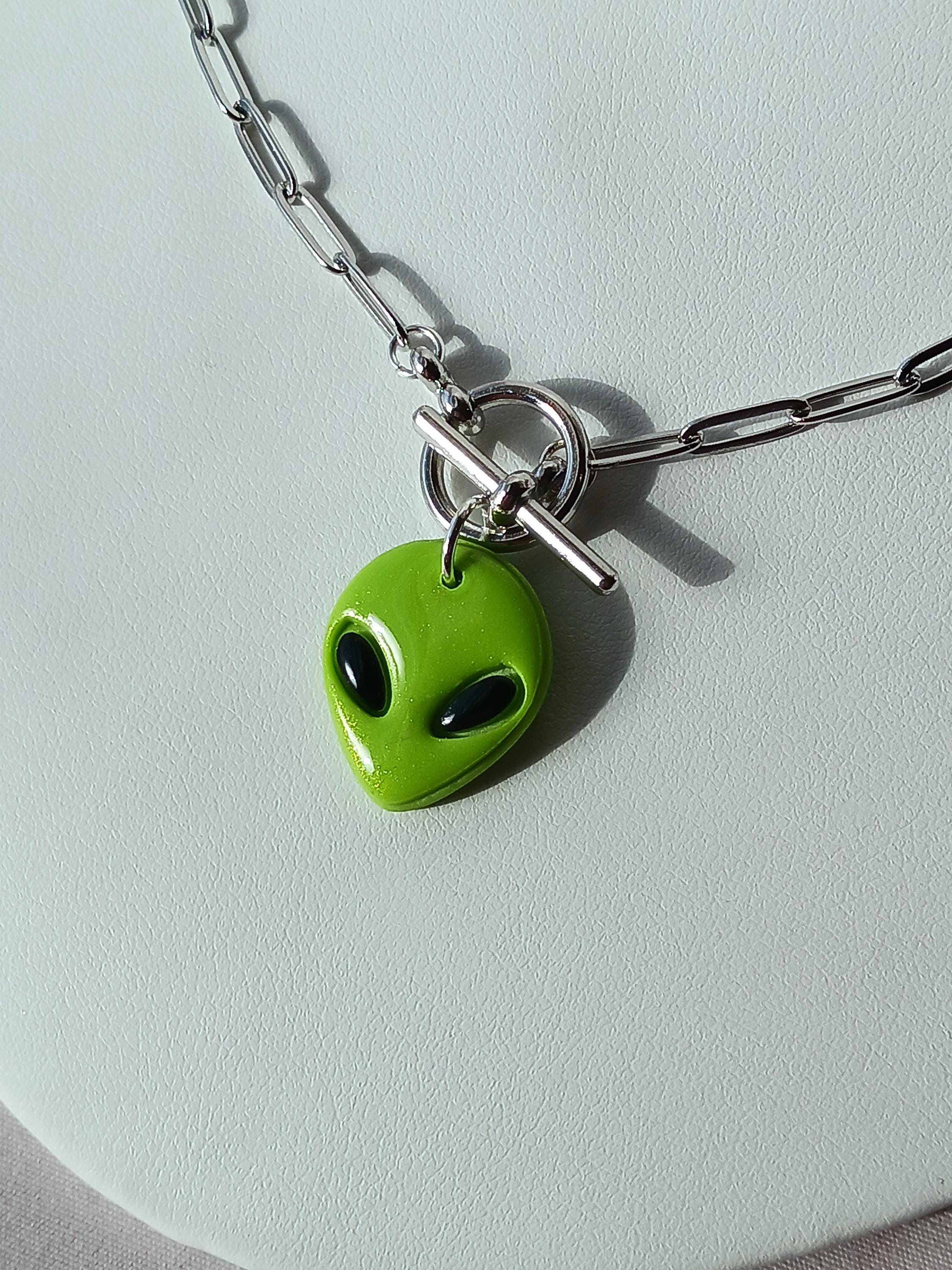 Metallic Green Alien Charm Necklace, Handmade, Polymer Clay ...